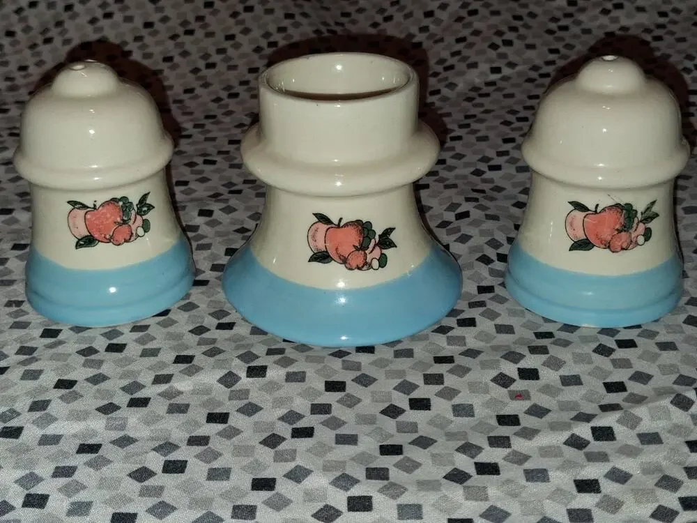 Vintage Blue and White Salt & Pepper Shakers w/ Apple Pattern and Candle Holder
